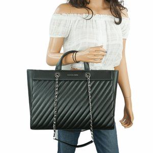 Michael Kors Rose LG East West Satchel Shoulder Bag Quilted Stripe Black/Silver